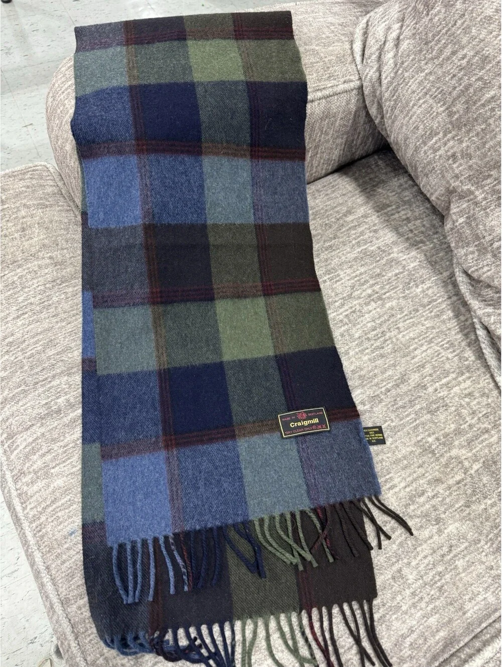 Craigmill Cashmere Wool Plaid Green Scarf Made In Scotland